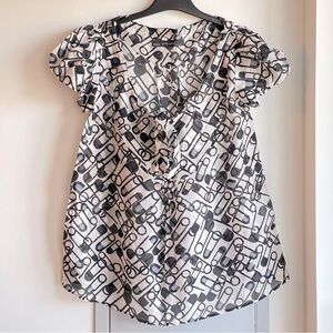 ZARA Monochrome Safety Pin Geometric Pattern Cotton & Silk Blend Blouse
